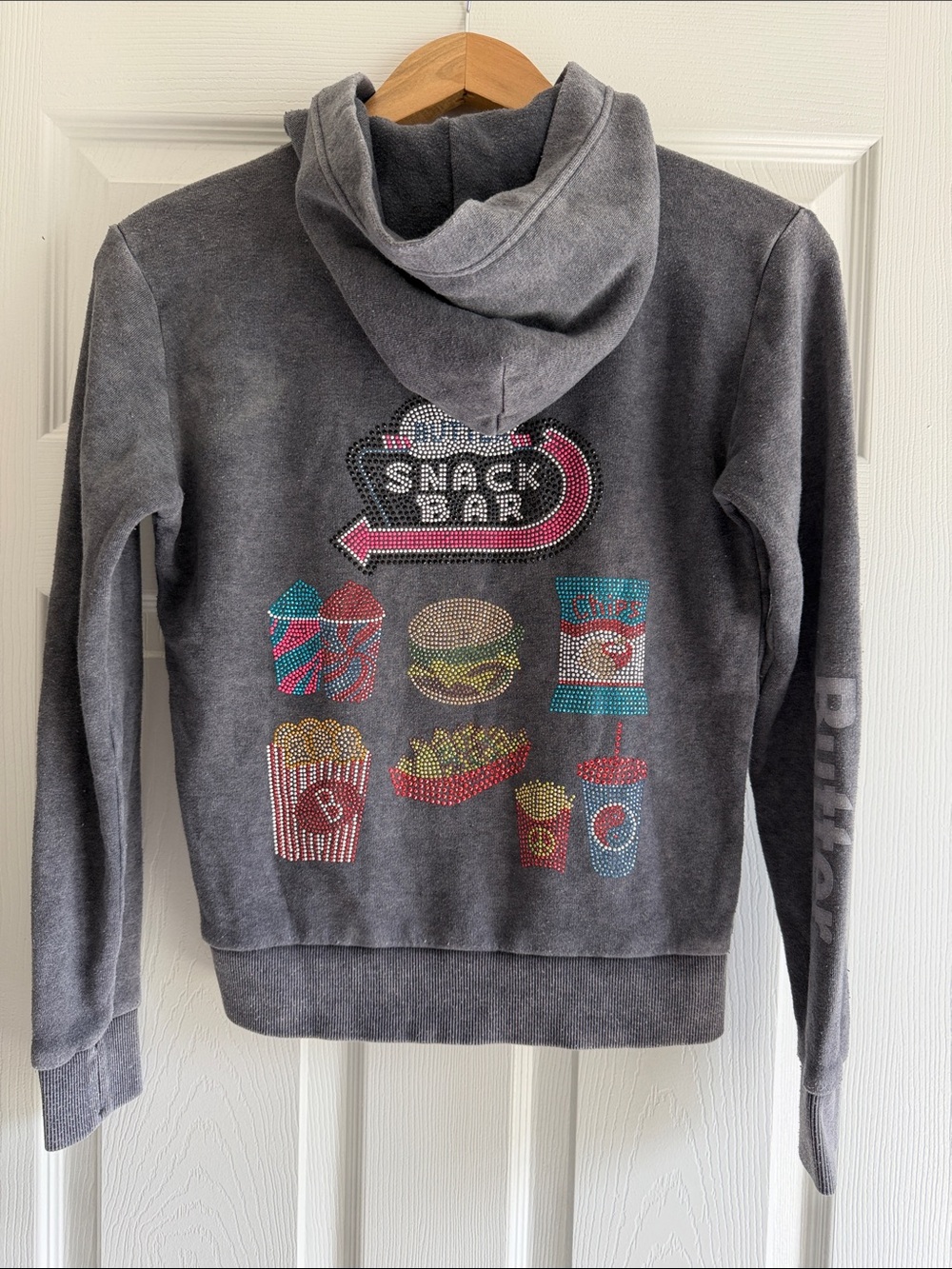 Butter Supersoft Gray Hooded Girls Sweatshirt with Snack Bar Rhinestone Graphic
